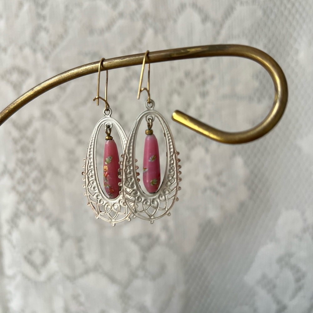 Vintage Hand-Painted Pink Floral Filigree Earrings - Picture 9 of 11